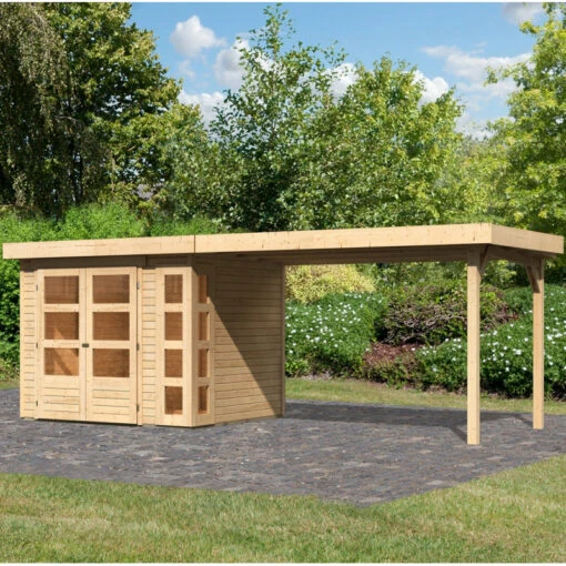 Abri De Jardin En Bois Massif 5,25m² Kerko 3 Avec Appentis 280cm – Karibu -Jardin Soldes abri de jardin en bois massif 525m kerko 3 avec appentis 280cm woodfeeling