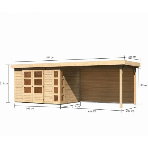 Abri De Jardin En Bois Massif 6,55m² Kerko 4 Avec Appentis 280cm Et Paroi Arrière – Karibu -Jardin Soldes abri de jardin en bois massif 655m kerko 4 avec appentis 280cm et paroi arriere woodfeeling 1