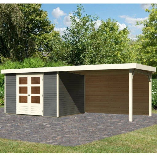 Abri De Jardin En Bois Massif Gris Terre 7,43m² Askola 5 Avec Appentis 280cm Et Paroi Arrière – Karibu -Jardin Soldes abri de jardin en bois massif gris terre 743m askola 5 avec appentis 280cm et paroi arriere woodfeeling