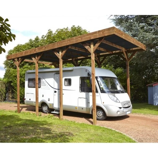 Carport Camping Car 32,40m² En Bois Autoclave Teinté Marron Forest Style -Jardin Soldes carport camping car 3240m en bois autoclave teinte marron madeira