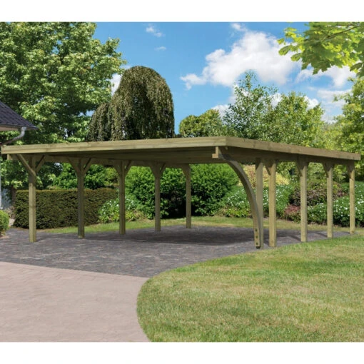 Carport Double En Bois Autoclave 50,9m² Avec Poteau En Arc Et Toit En PVC Gris – KARIBU -Jardin Soldes carport double en bois autoclave 509m avec poteau en arc et toit en pvc gris karibu