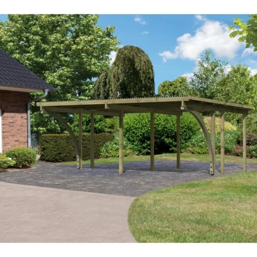 Carport En Pin Autoclave Avec Toit PVC 27,58m² + 2 Arcs D'entrée Karibu -Jardin Soldes carport en pin autoclave avec toit pvc 2758m 2 arcs d entree karibu