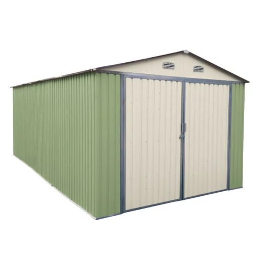 Garage Double Portes Vert Pâle Et Crème 18m² + Kit D'ancrage X-METAL -Jardin Soldes garage double portes vert pale et creme 18m kit d ancrage x metal 1