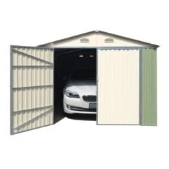 Garage Double Portes Vert Pâle Et Crème 18m² + Kit D'ancrage X-METAL -Jardin Soldes garage double portes vert pale et creme 18m kit d ancrage x metal 3