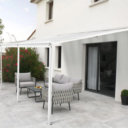 Pergola Adossée 435x300cm En Aluminium Blanc Et Polycarbonate 4mm CIELO - DCB Garden -Jardin Soldes pergola adossee 435x300cm en aluminium blanc et polycarbonate 4mm cielo dcb garden