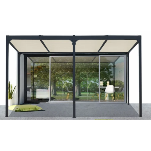 Pergola Bioclimatique Aluminium Anthracite 21,52m² + Toit Avec Lames Ovales écru HABRITA -Jardin Soldes pergola bioclimatique aluminium anthracite 2152m toit avec lames ovales ecru habrita 1