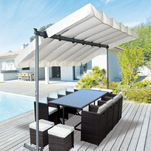 Pergola Marquise En Acier Anthracite 9m² Toile Pivotante Extensible En Polyester 200gr/m² écru - HABRITA -Jardin Soldes pergola marquise en acier anthracite 9m toile pivotante extensible en polyester 200grm ecru habrita